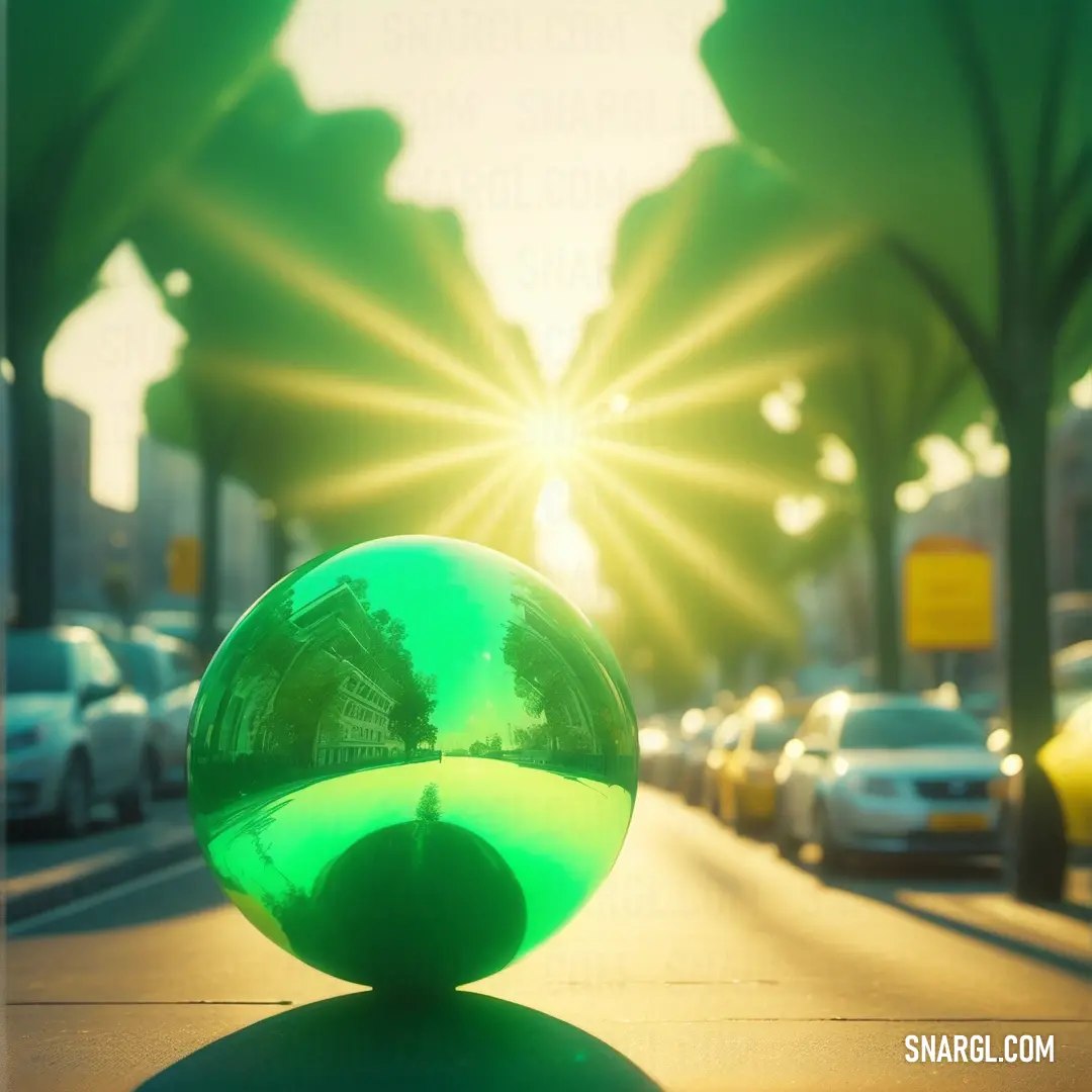 Green ball on the side of a road next to a street light. Color RGB 0,255,127.