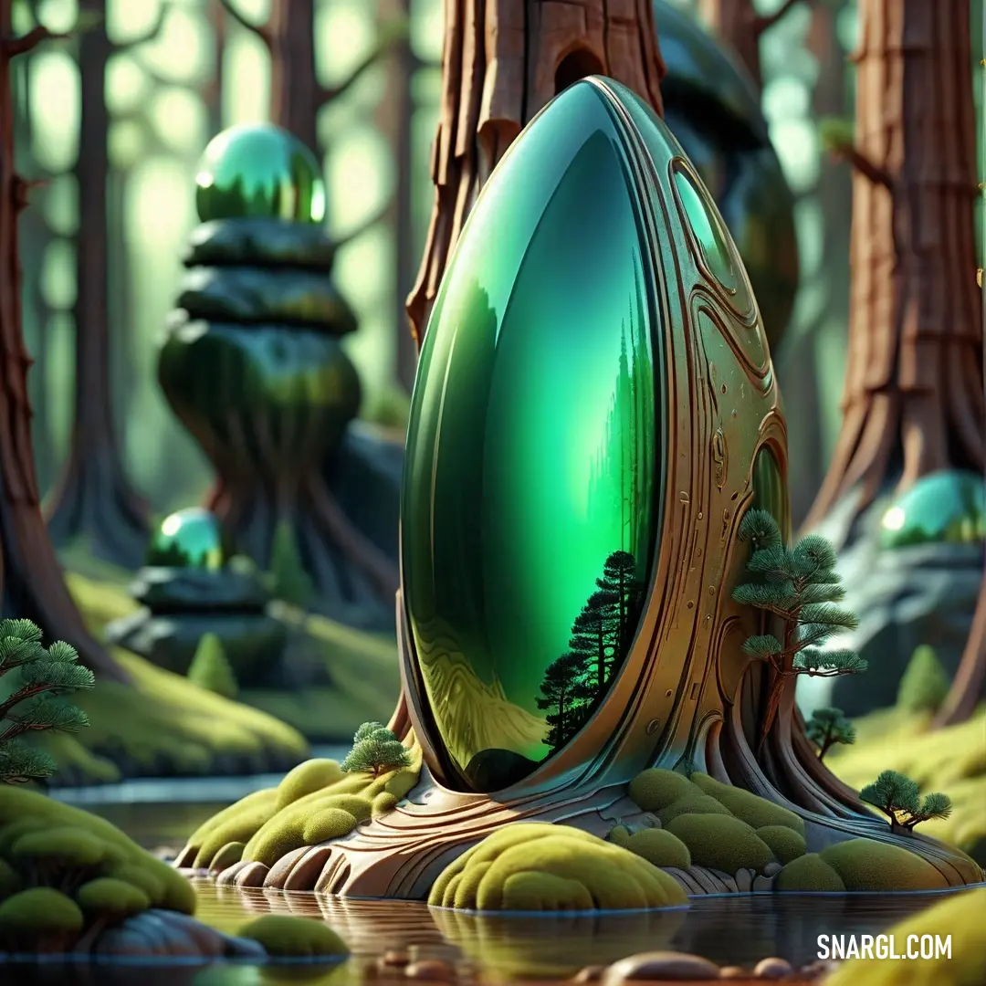 Green egg in the middle of a forest filled with trees and rocks. Color #00FF7F.