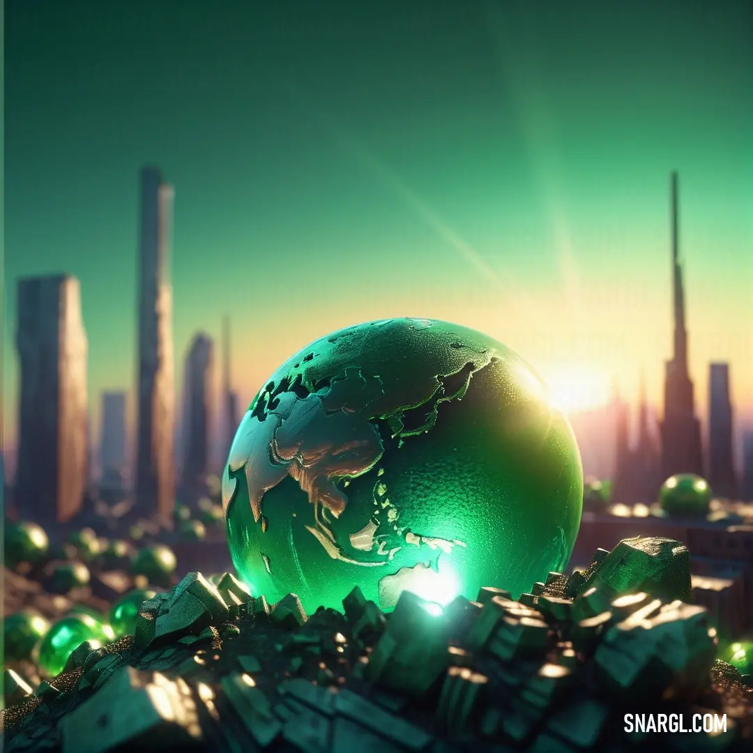 Guppie green color example: Green globe surrounded by piles of money in a cityscape with skyscrapers in the background