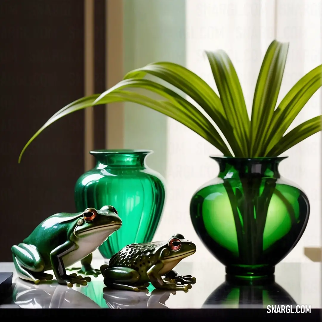 Green vase with a frog figurine next to a green plant in a vase on a table. Color RGB 0,255,127.