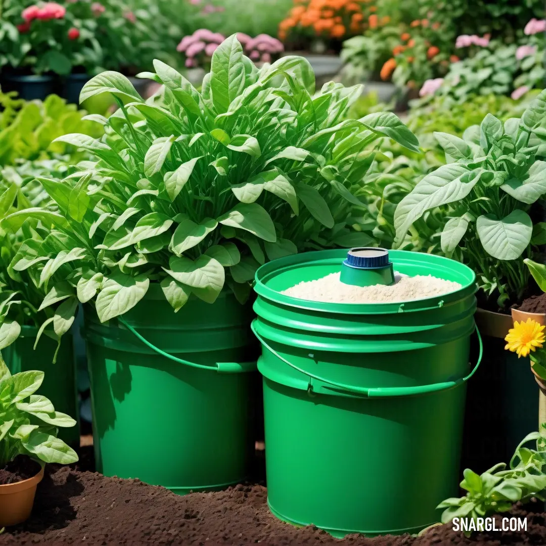 Garden with a lot of plants and a bucket of dirt in the middle of it with a yellow flower. Example of CMYK 100,0,50,0 color.