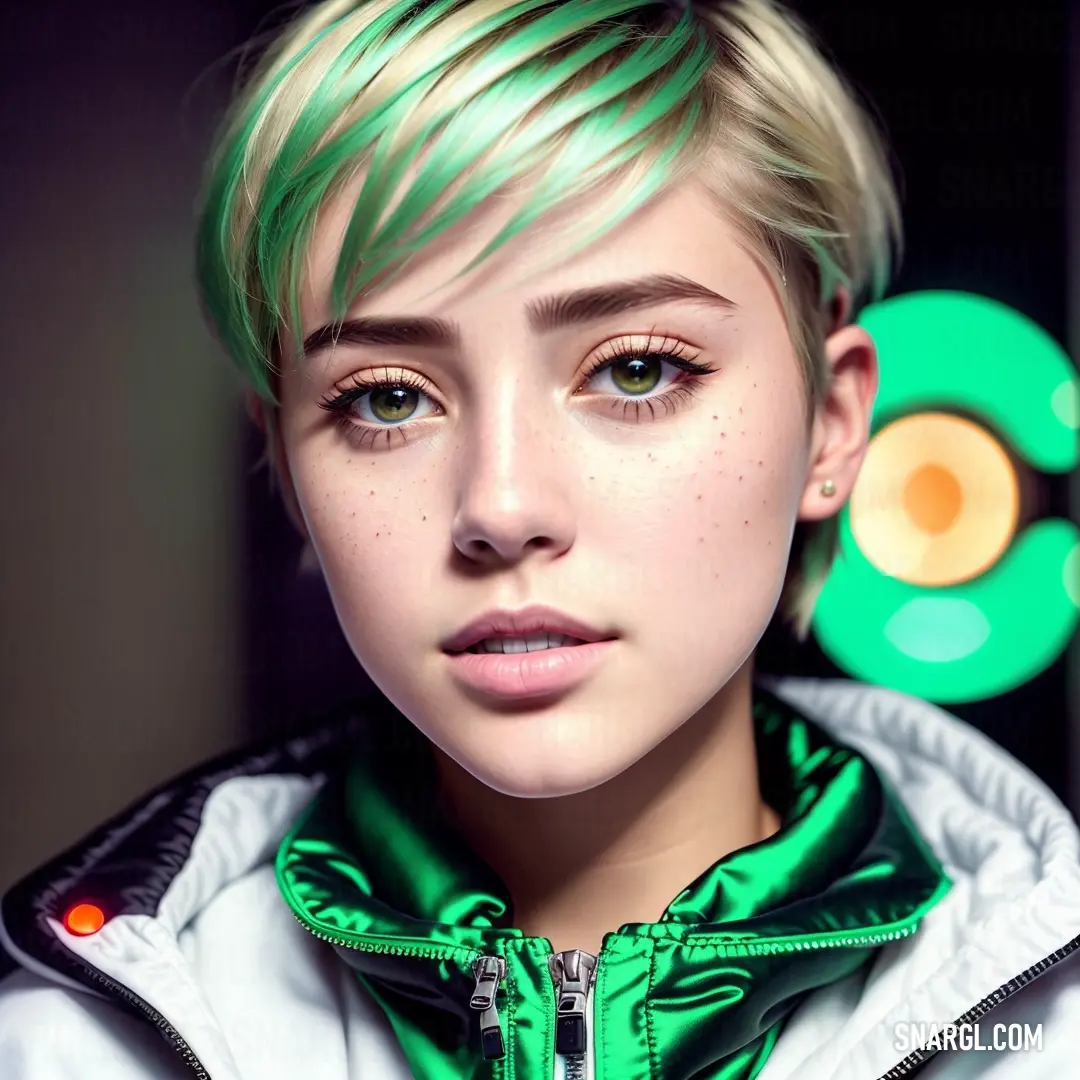 Woman with green hair and a green jacket on