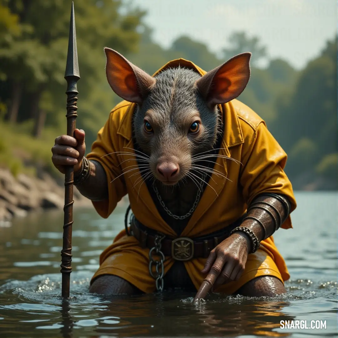 Gutter Runner in yellow, holding a stick in the water, surrounded by mist and sunlight. A Gutter Runner, clad in yellow armor, stands in the shallow water, holding a stick as the sun glints off the surface, while the ripples create an atmosphere of quiet tension in the mist-filled environment.