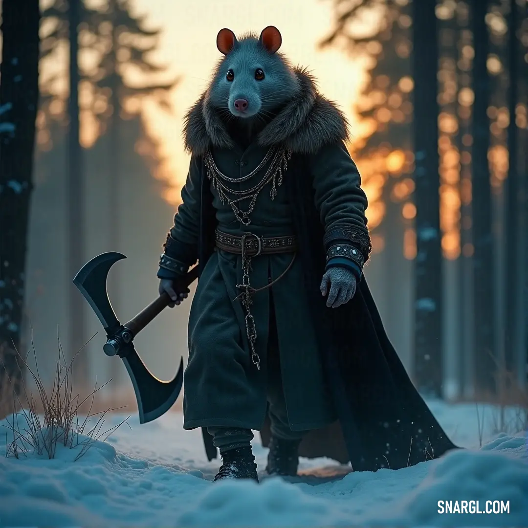 The Gutter Runners, clad in fur coats and holding large axes, stand tall in the snow-covered forest as the sun sets behind them. The warmth of the fur contrasts with the chilly air, as their axes gleam in the twilight.