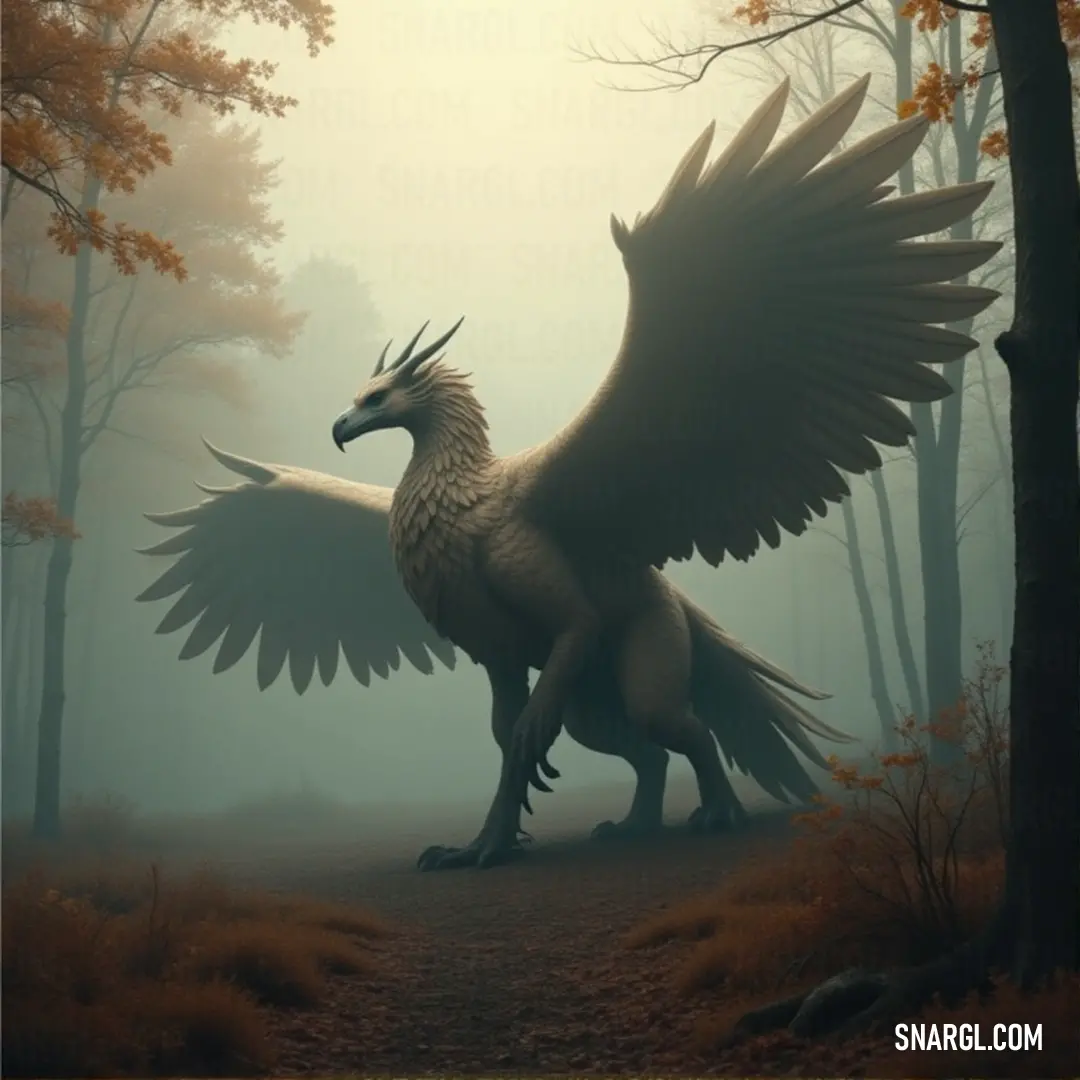 In a forest veiled in fog, the Gwaihir gryphon spreads its wings wide, standing tall amidst the trees, its presence an embodiment of grace and power, blending seamlessly with the mystical environment. A magnificent Gwaihir gryphon stands in a misty forest, its wings spread wide as it surveys the fog-covered landscape. The trees surrounding it create a serene, magical atmosphere, adding mystery to the creature's regal presence.