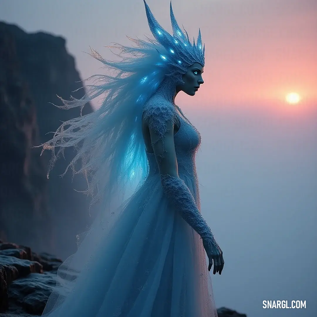 A striking figure in a flowing blue gown stands on a cliff, framed by a breathtaking sunset. A stunning figure clad in a flowing blue dress stands triumphantly on a rocky cliff, her blue hair billowing in the wind, with a breathtaking sunset painting the sky in hues of orange and pink behind her.