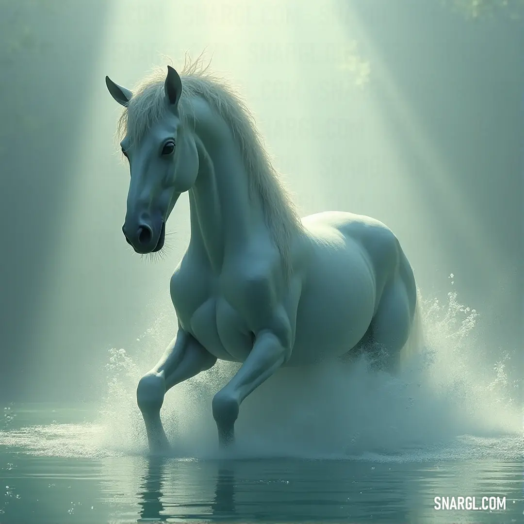A white Gwynn sprints through the water, its body covered in droplets, capturing the essence of movement and nature’s vitality. A magnificent white Gwynn runs gracefully through the water, its body drenched and shimmering, as it turns its head to the side, embodying freedom and motion amidst the splash of cool waves.