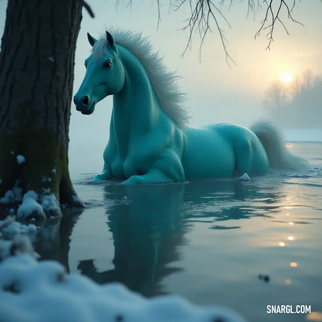 Gwynne standing in water, with snow and trees in the background, bathed in the golden light of a winter sun. Gwynne stands in the water, the reflection of a snow-covered landscape in the distance, while the bright winter sun casts long shadows, illuminating the serene scene.