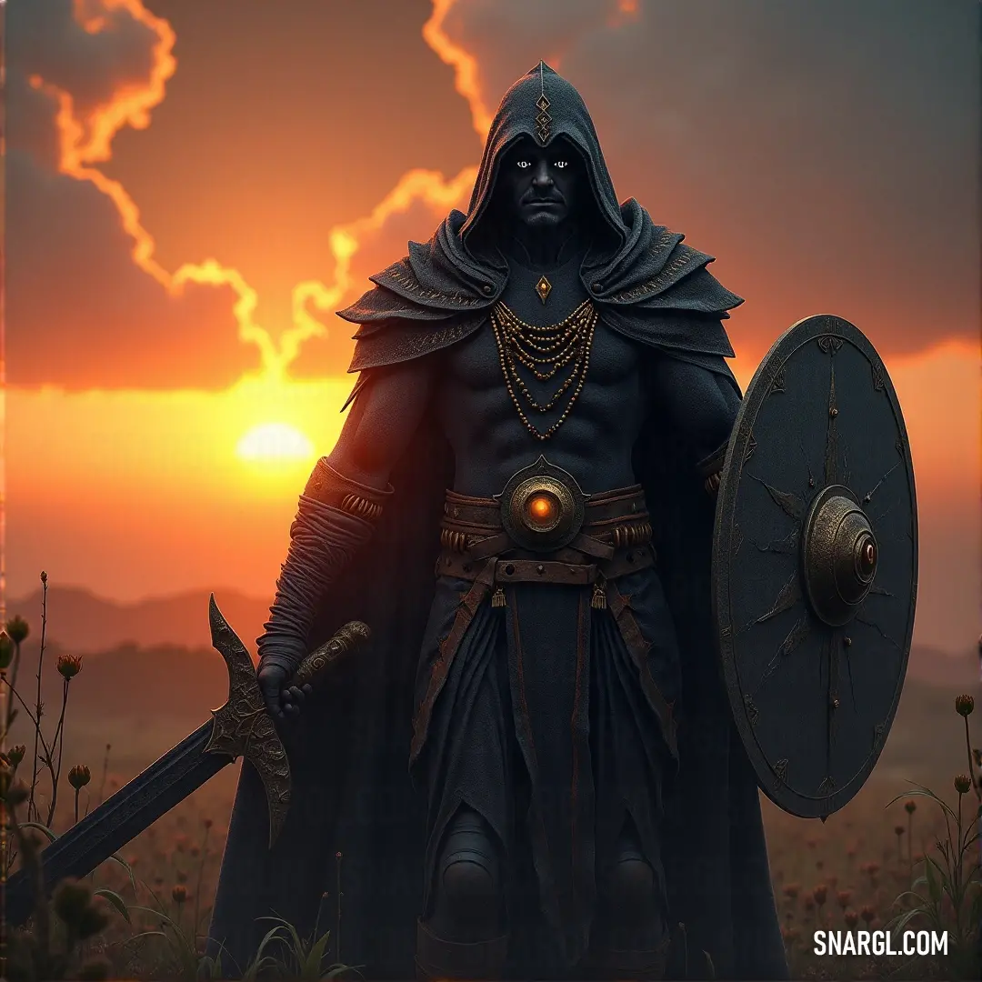 Hades, in his dark attire, brandishing a sword and shield, stands against a blazing sunset sky, radiating authority and strength. A dark and imposing figure of Hades, draped in a black outfit, holding a sword and shield, standing against the fiery backdrop of a dramatic sunset, with clouds swirling around him.