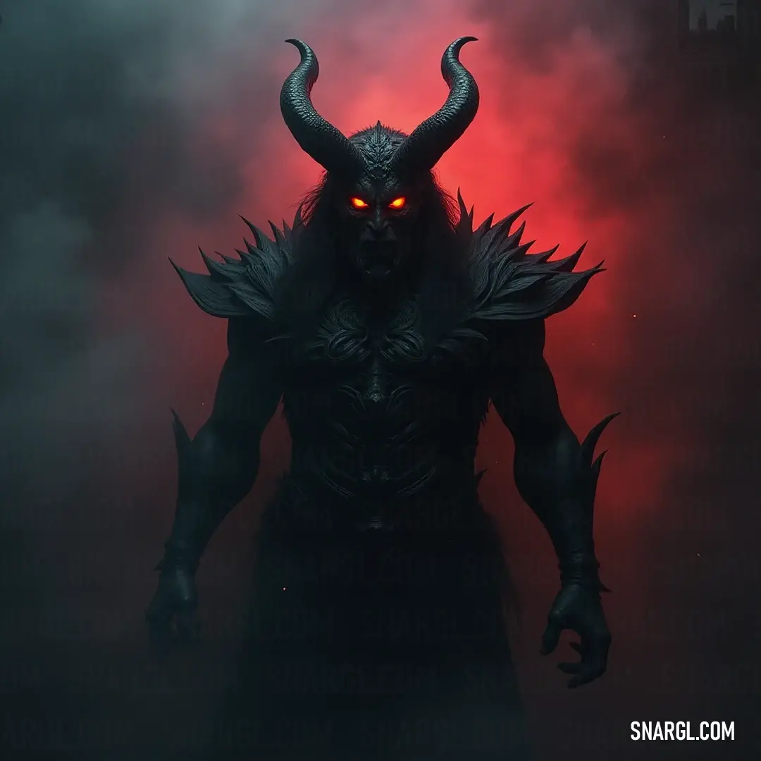 Demonic Hades with Glowing Eyes in a Foggy Landscape Bathed in Red Light Shrouded in an ethereal fog, Demonic Hades commands attention with glowing eyes and ominous horns, illuminated by a mystical red light from behind. The atmosphere pulses with a sense of dread, as if the ground itself trembles at his might.