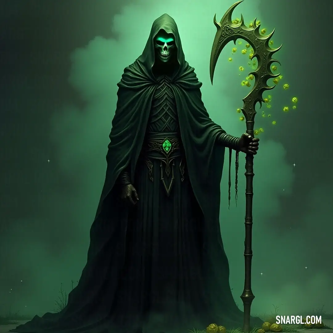 Grimter, with a vibrant orb in hand, embodies power and mystery against a backdrop of shadows. Grimter stands tall, clutching a staff and a vivid green orb. The orb radiates an enchanting light, revealing his enigmatic aura against a backdrop of swirling shadows, indicating a pivotal moment of creation or revelation.