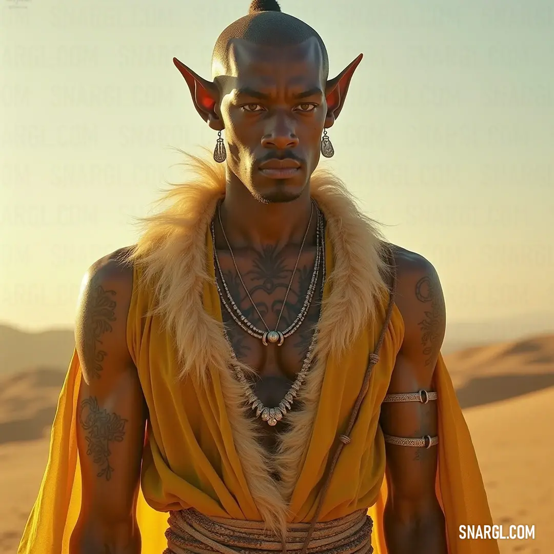 A vibrant figure adorned in a yellow shirt contrasts against the arid desert backdrop, sporting impressive horns and a bejeweled necklace, symbolizing strength and cultural depth.