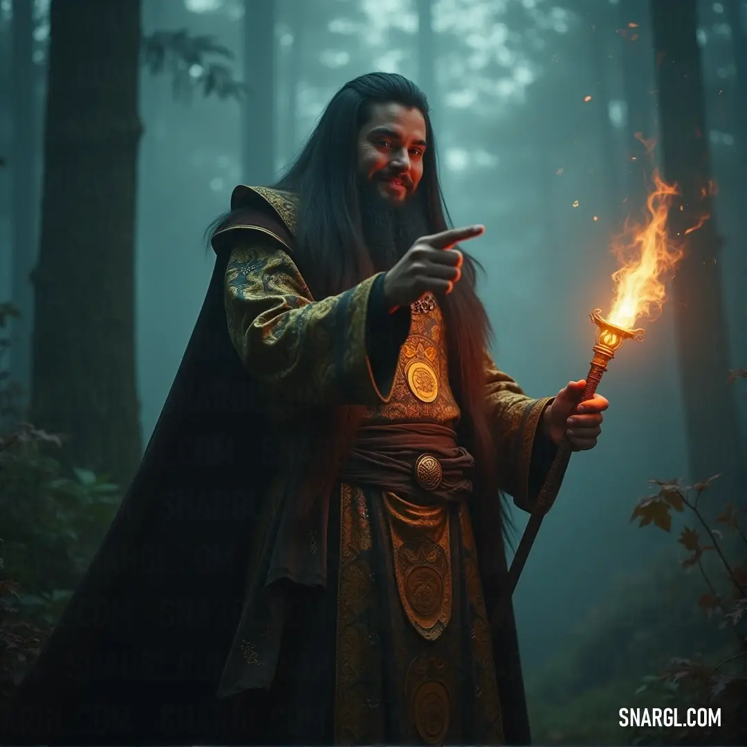 A figure holding a glowing torch walks through a mist-covered forest, the fog and trees creating a hauntingly beautiful atmosphere. A towering figure draped in a flowing robe holds a glowing torch in a fog-laden forest, where the mist wraps around the trees, creating a mysterious and almost otherworldly atmosphere.
