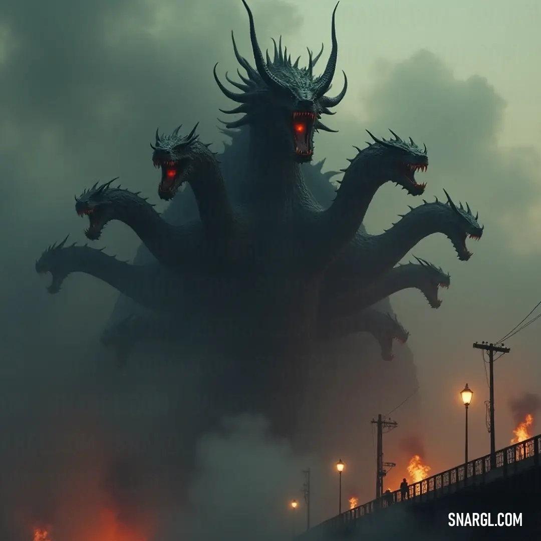 A towering, monstrous Hail Hydra statue looms ominously above a bridge, its glowing red eyes and sharp horns cutting through the foggy sky. The mist around it only adds to its fearsome presence, creating a scene of eerie power and mythological awe.