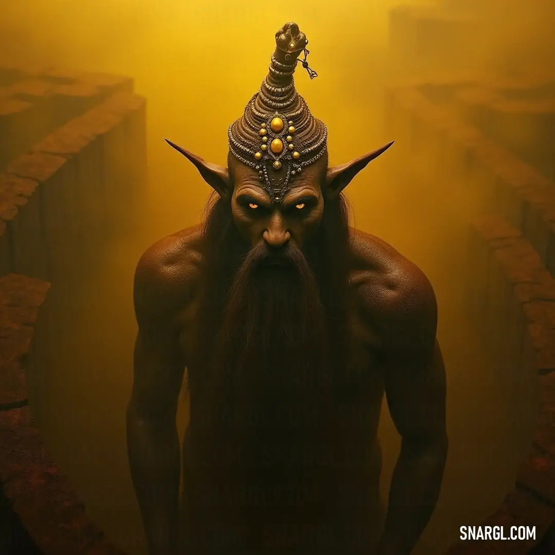 Hakim in a brick maze, illuminated by a warm, guiding light Hakim, with his horned head and majestic beard, stands in a labyrinth of bricks, bathed in a warm light that highlights his features and paints a scene of mystery and introspection.