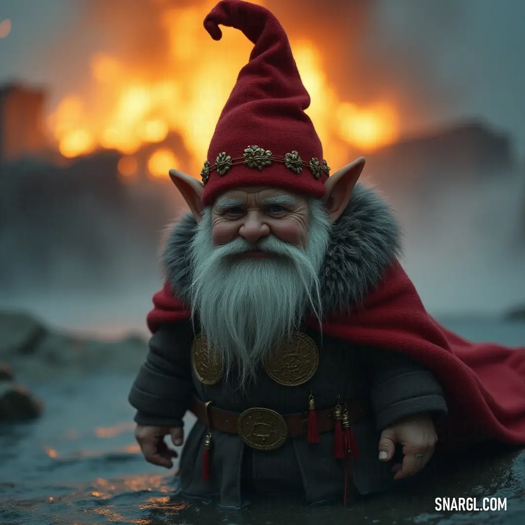 Wading through glistening waters, a mysterious figure in a red hat stands amidst gentle ripples, with the glow of a distant fire illuminating the scene, creating a hauntingly beautiful atmosphere.