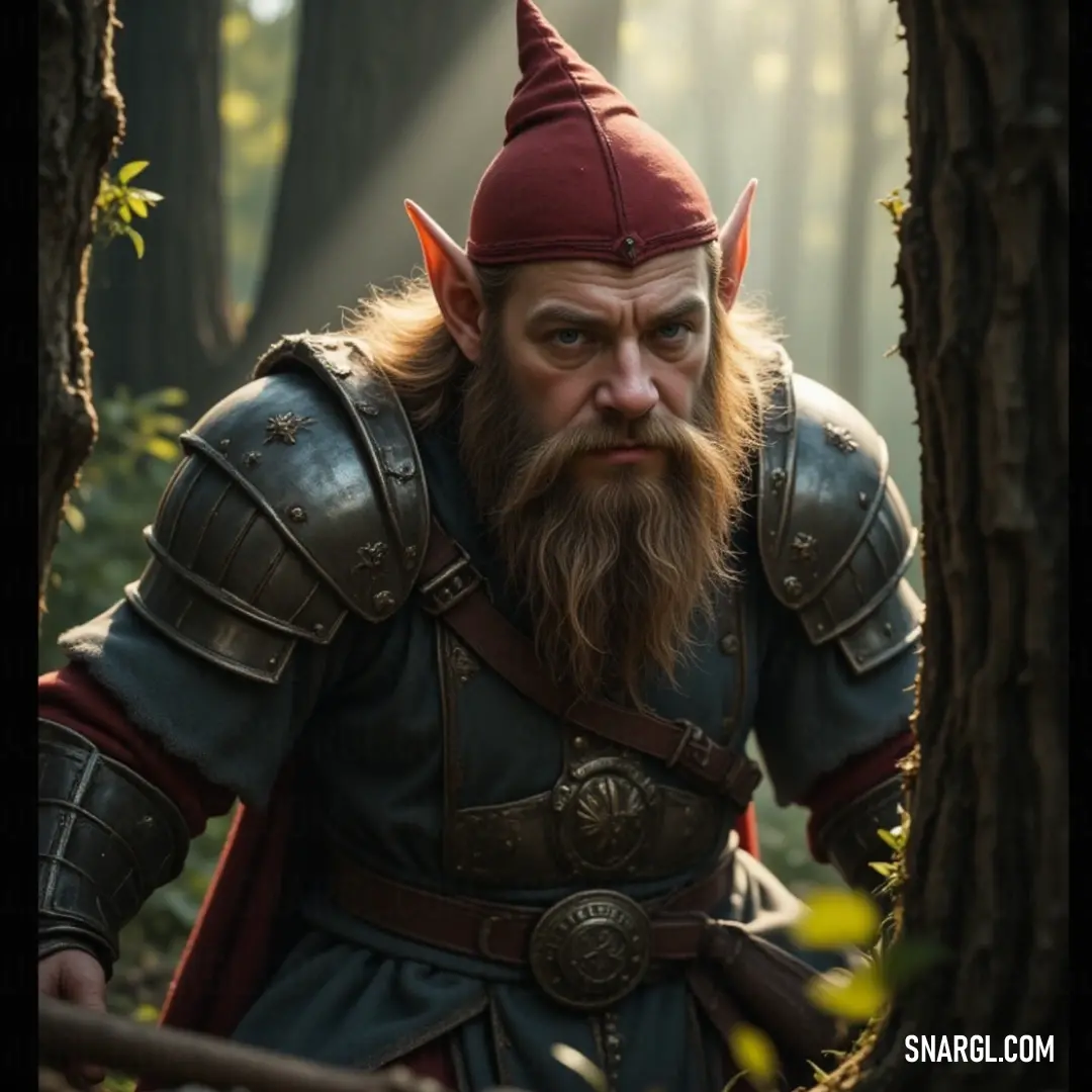 A serene figure with a beard and red hat exudes calmness in a vibrant forest, surrounded by nature's beauty and tranquility. A wise figure with a beard and a striking red hat stands serenely in a lush forest, surrounded by vibrant trees and rustling leaves. The harmony of his presence with nature invites relaxation and contemplation in this tranquil woodland setting.