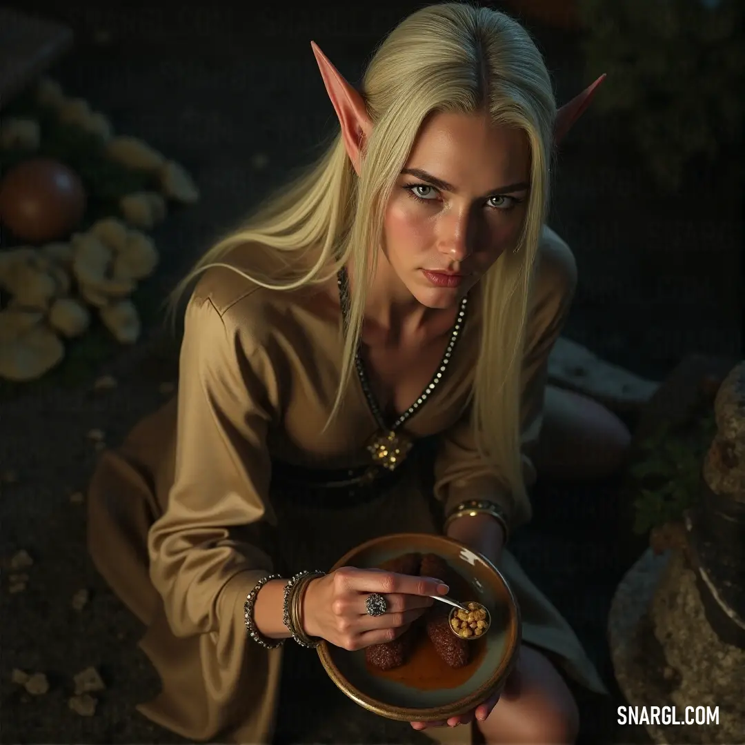 Haladin dressed as a elf holding a plate of food in her hands