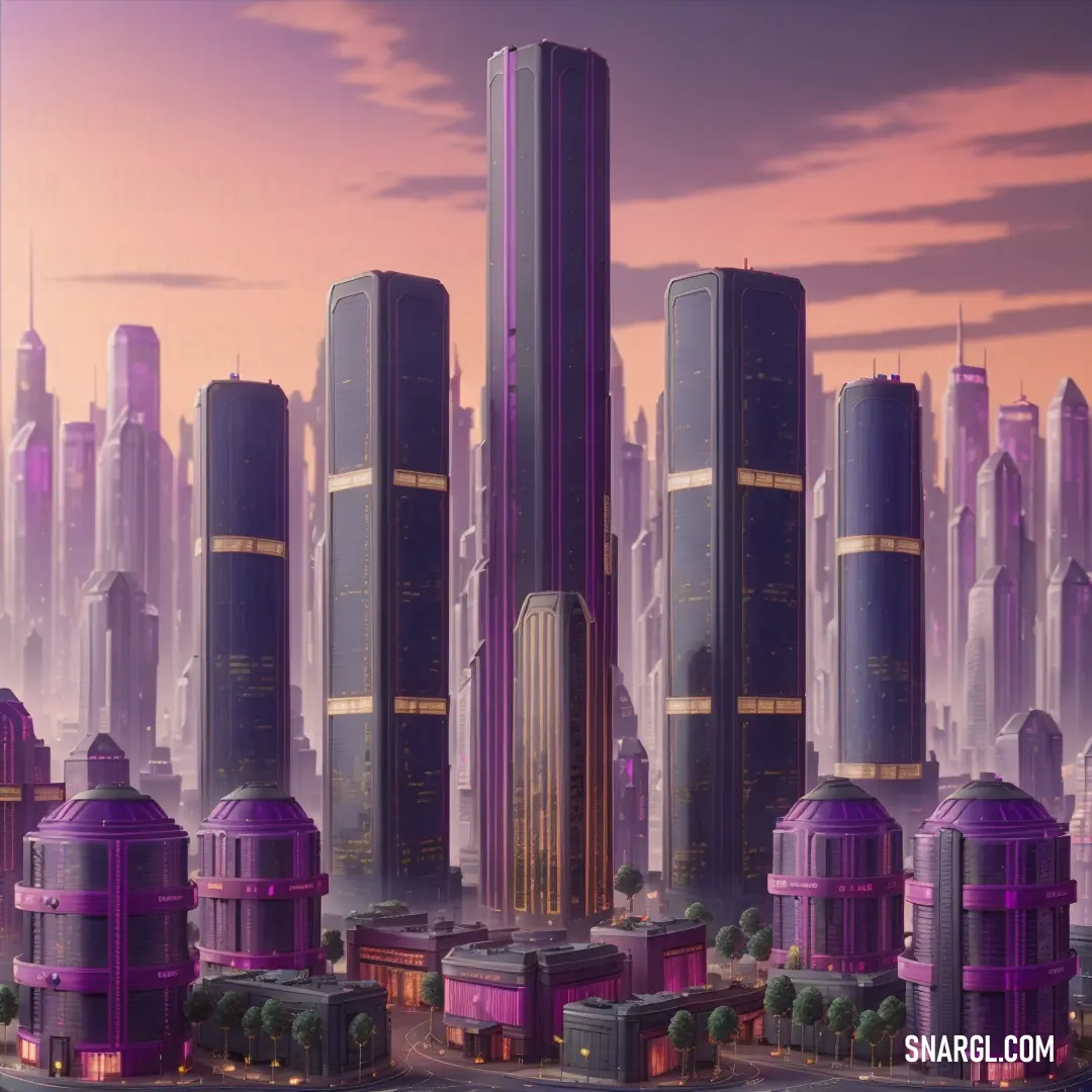 Halaya-Ube color example: Futuristic city with a lot of tall buildings and a lot of cars in the street below it