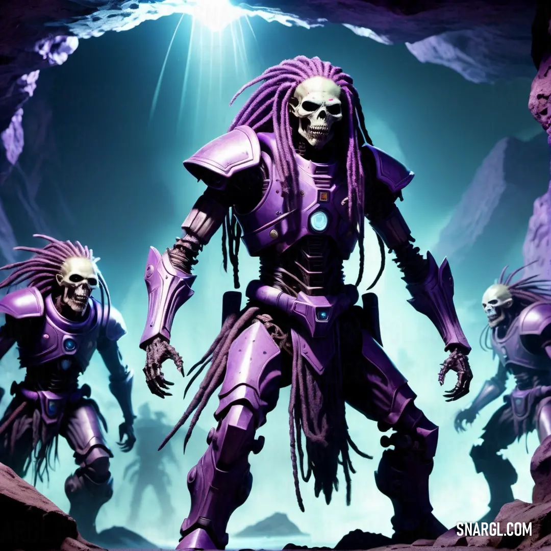 Group of alien men standing in a cave with a light shining on them and a skull on the ground. Example of CMYK 0,45,18,60 color.