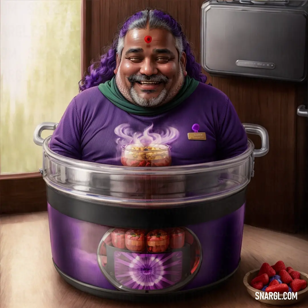 Man with a purple shirt and a purple hat is in a purple crock pot with strawberries