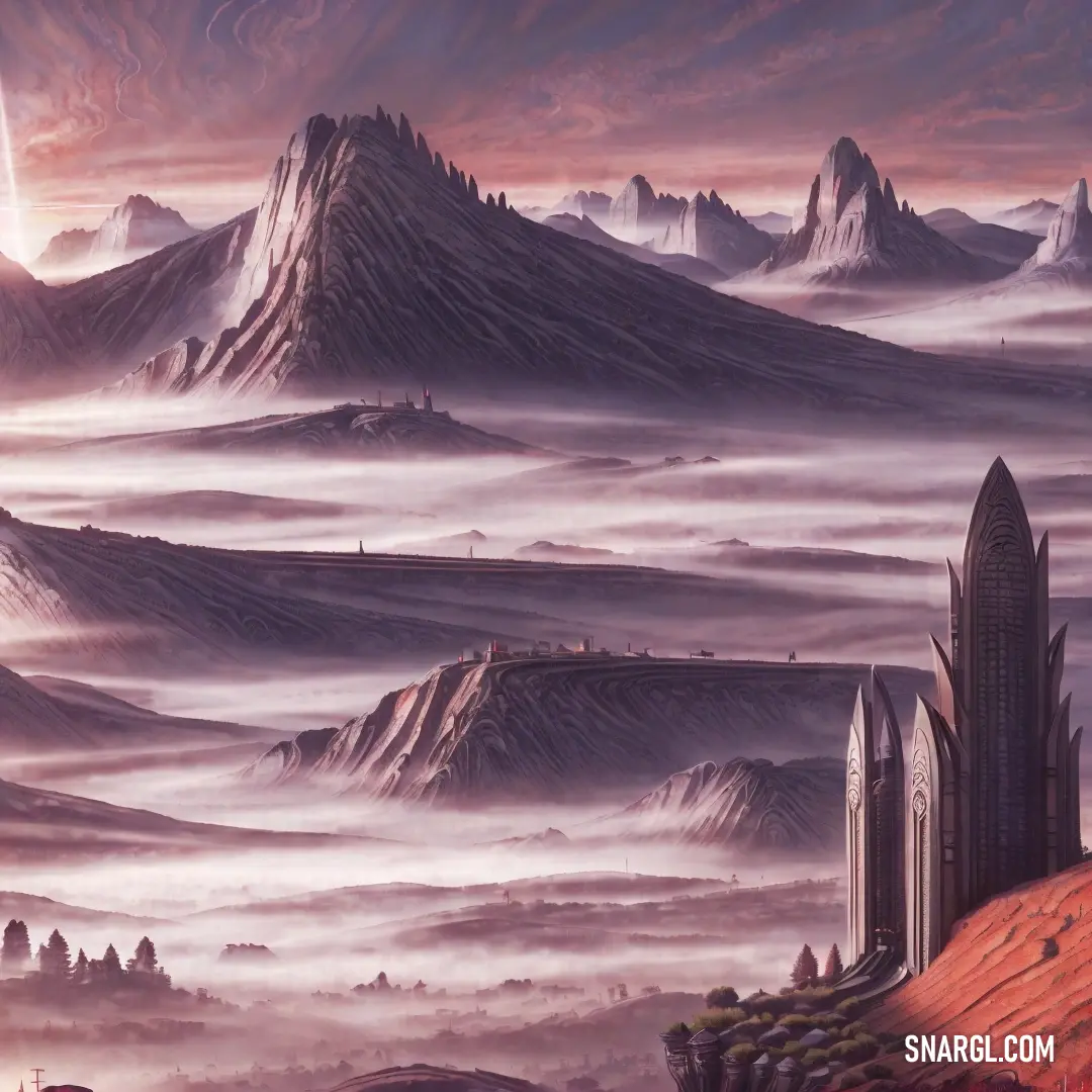 Painting of a city surrounded by mountains and fogs in the distance with a bright star in the sky