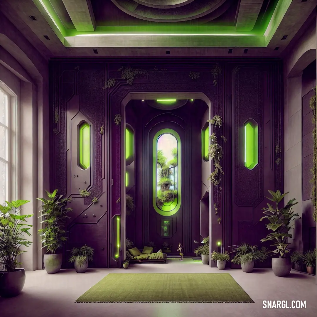 Room with a green door and a green rug on the floor