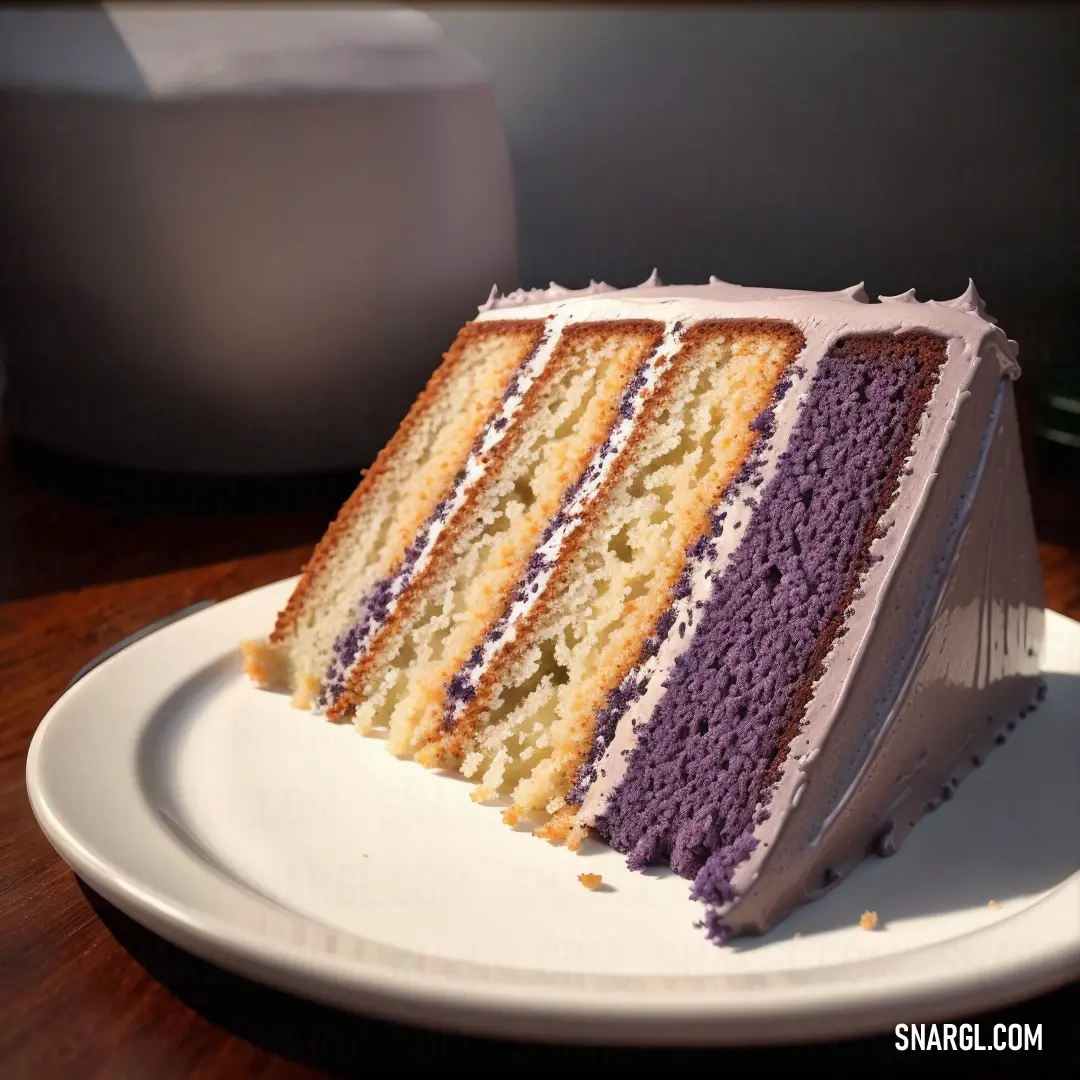 Slice of cake on a plate on a table with a cup of coffee in the background and a white plate