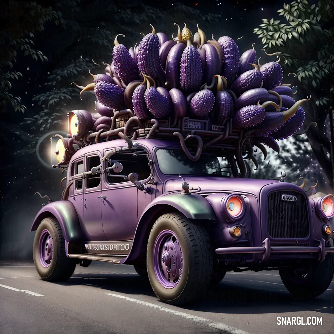 Truck with a bunch of purple bananas on the back of it's bed in the street at night