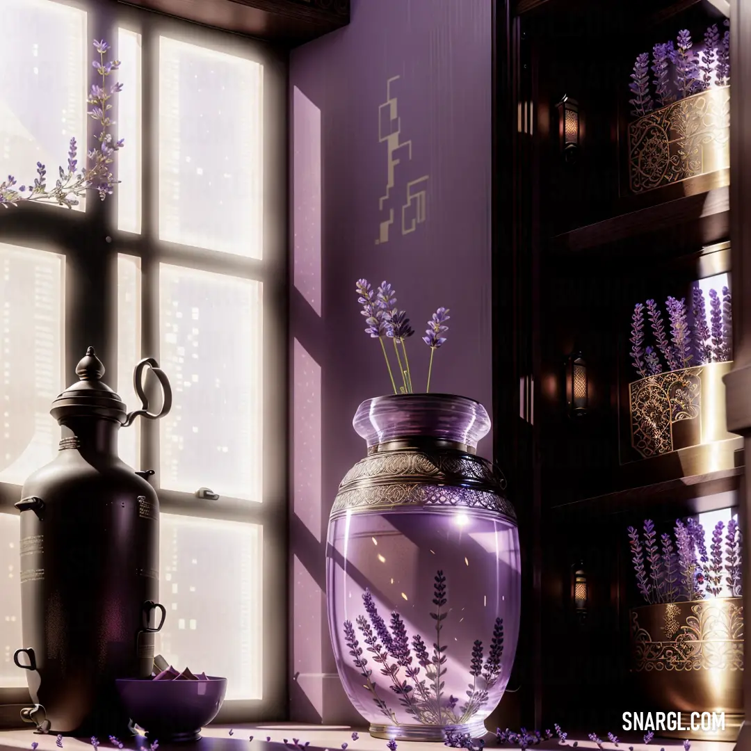 Vase with flowers on a table next to a window with a purple background and a purple vase