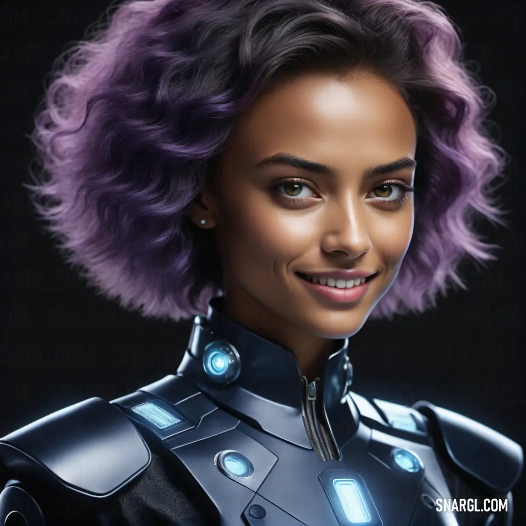 Woman with purple hair and a futuristic suit on, smiling at the camera, with a black background. Example of RGB 102,56,84 color.