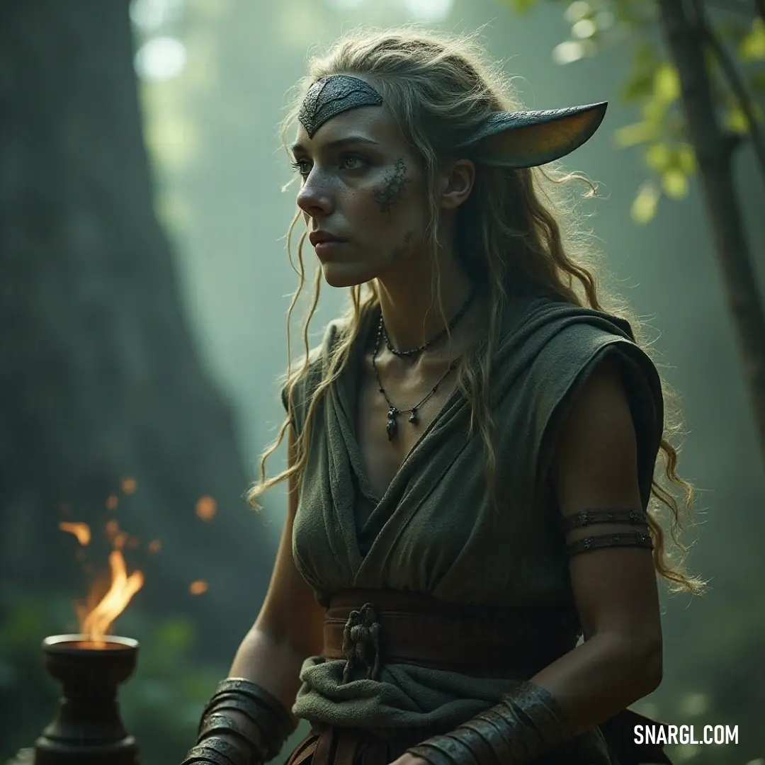 A figure dressed as a horned being holds a luminous candle in the heart of the forest, surrounded by ancient trees. In the heart of the forest, a figure dressed as a horned being holds a luminous candle, illuminating her surroundings while surrounded by ancient trees that whisper tales of old.