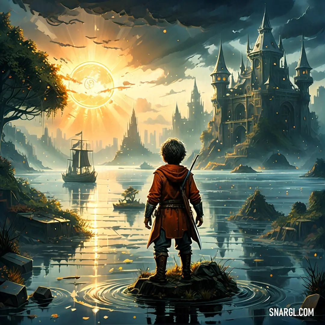 Boy standing on a rock looking at a castle in the distance with a boat in the water and a sun shining
