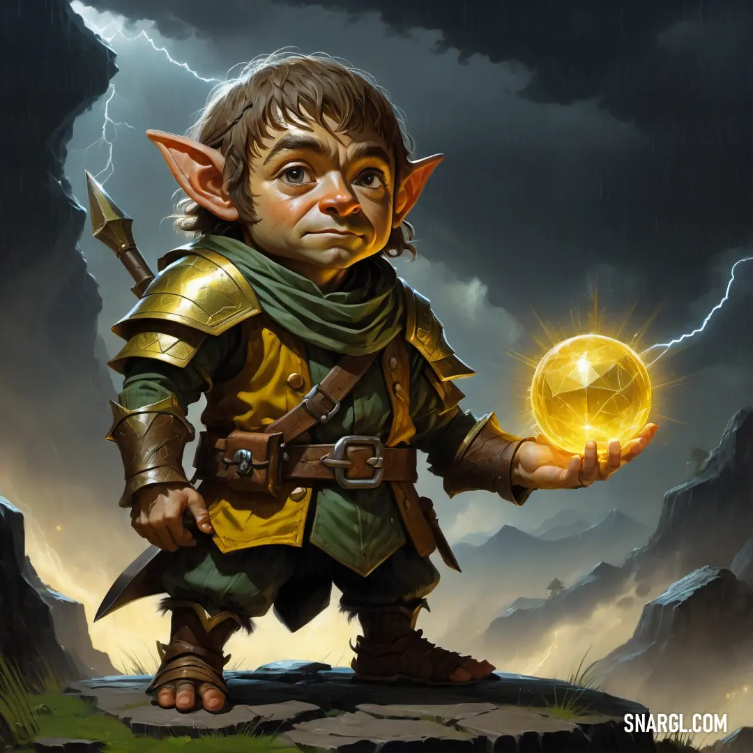 Halfling holding a crystal ball in his hand and a storm in the background