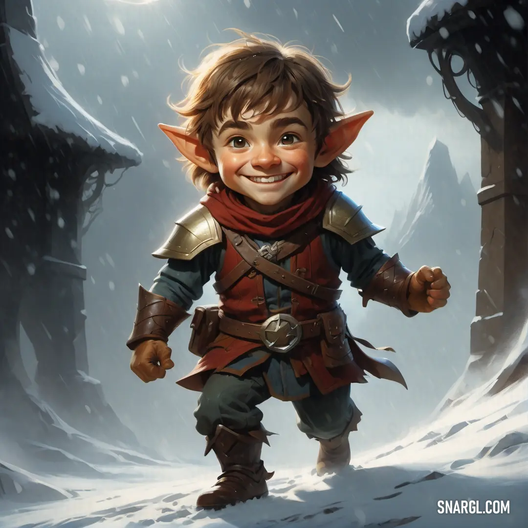 Halfling is smiling in the snow with a snowman in the background