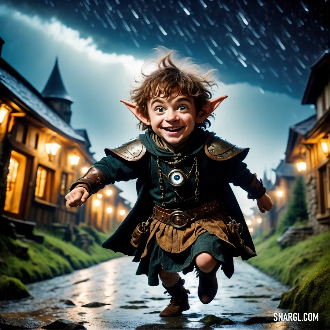 Halfling is running down a street in the rain with an umbrella in the background