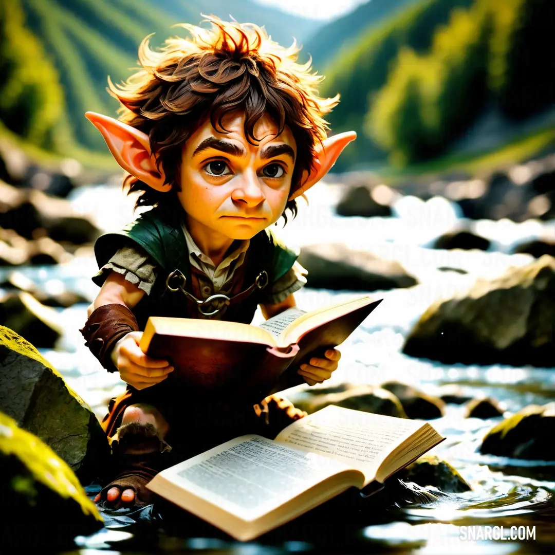 Halfling is reading a book in a stream of water with mountains in the background