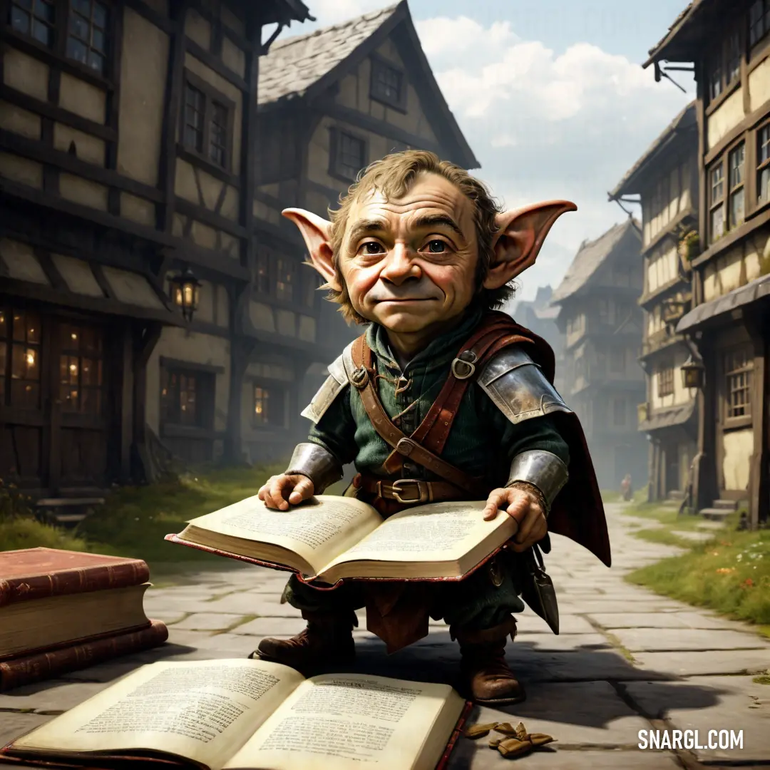 Halfling on a book in front of a street with buildings and a sky background