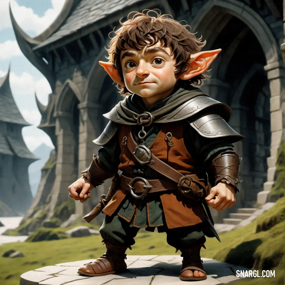 Halfling is standing on a stone platform in front of a castle with a giant doorway