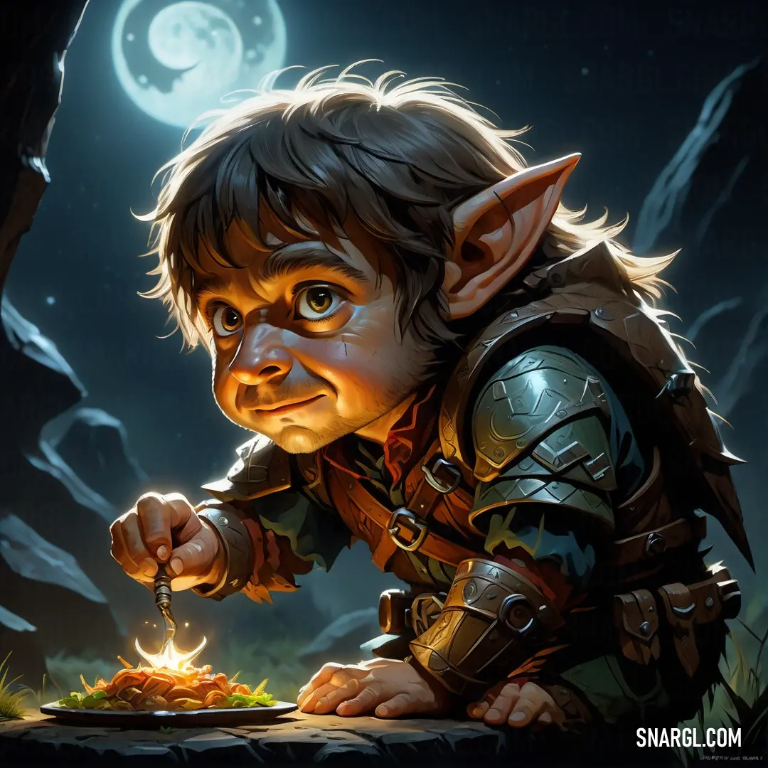 Halfling is eating a piece of food at night with a glowing light in his hand