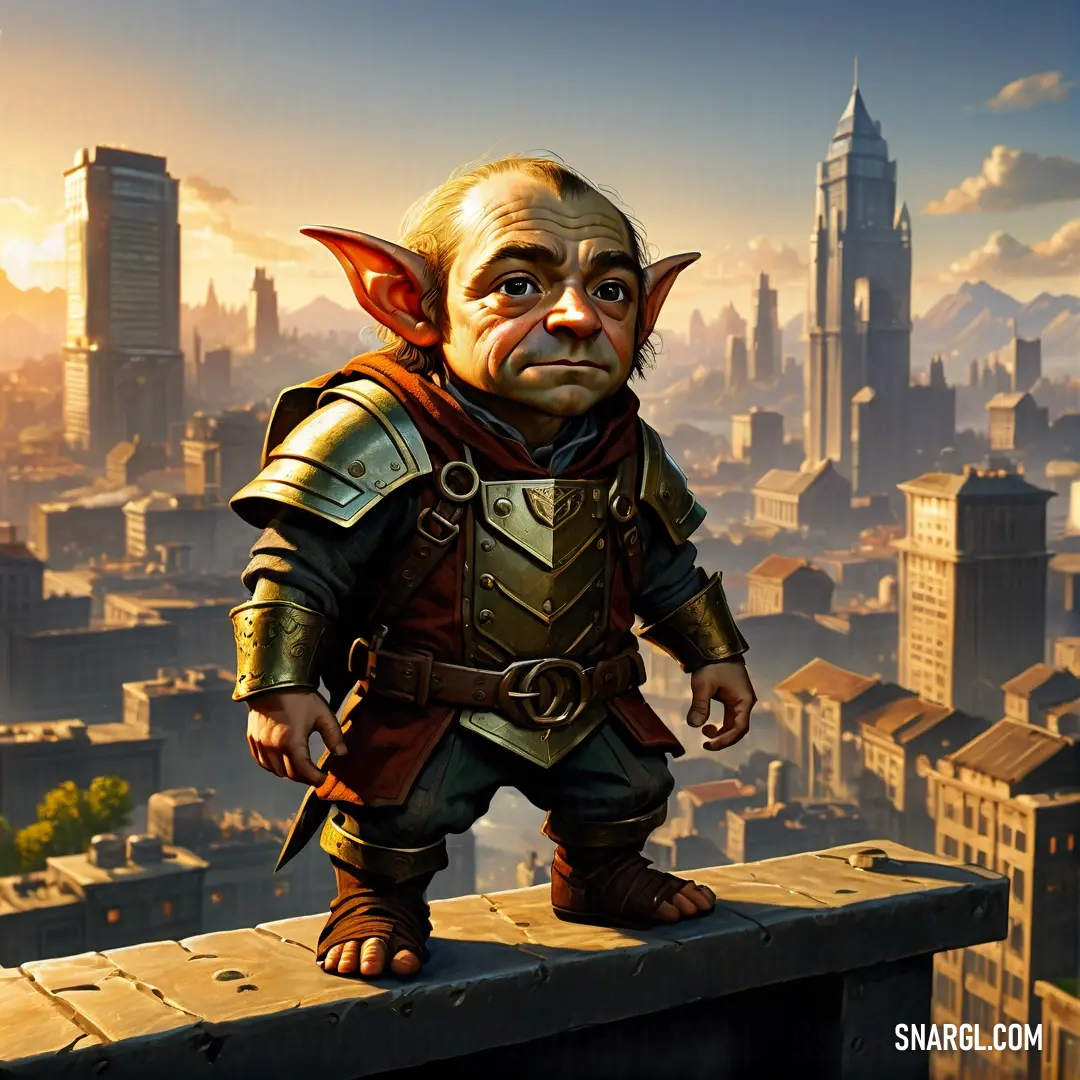 Halfling is standing on a ledge in front of a cityscape