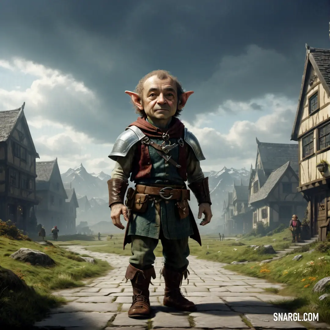 Halfling in a costume standing on a cobblestone road in front of a village with a dark sky