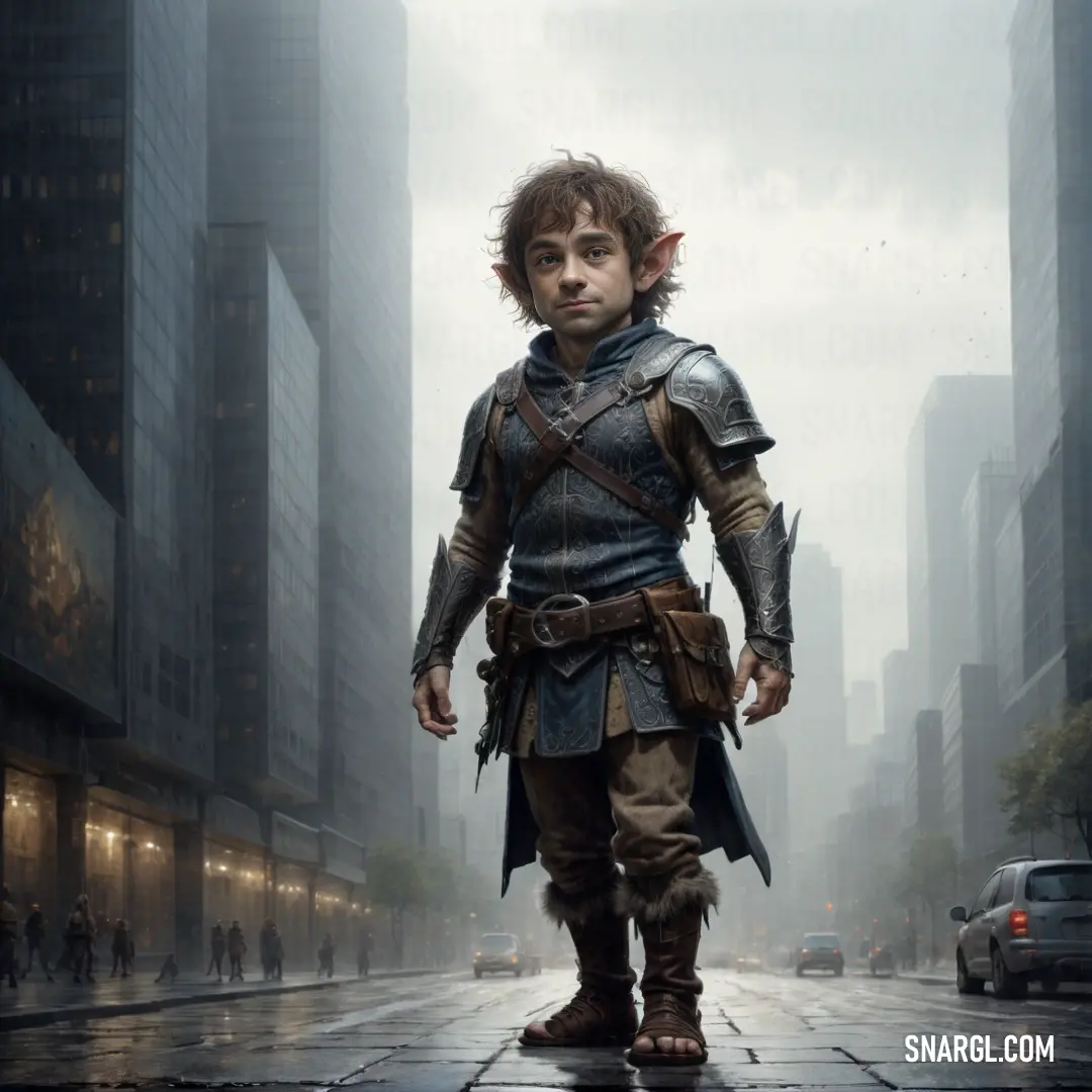 Halfling in a costume standing on a wet street in a city with tall buildings and a car in the background