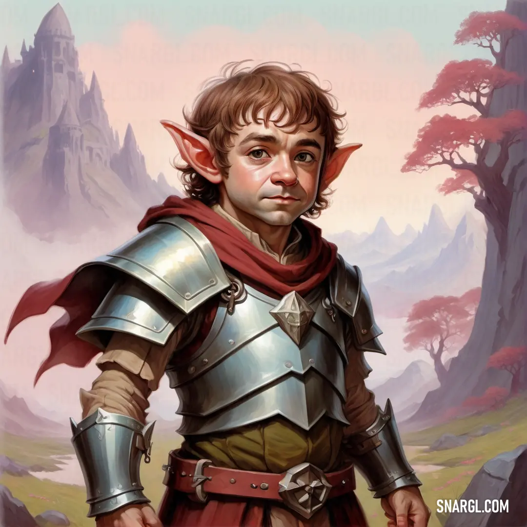 Halfling in a suit of armor standing in a field with a castle in the background