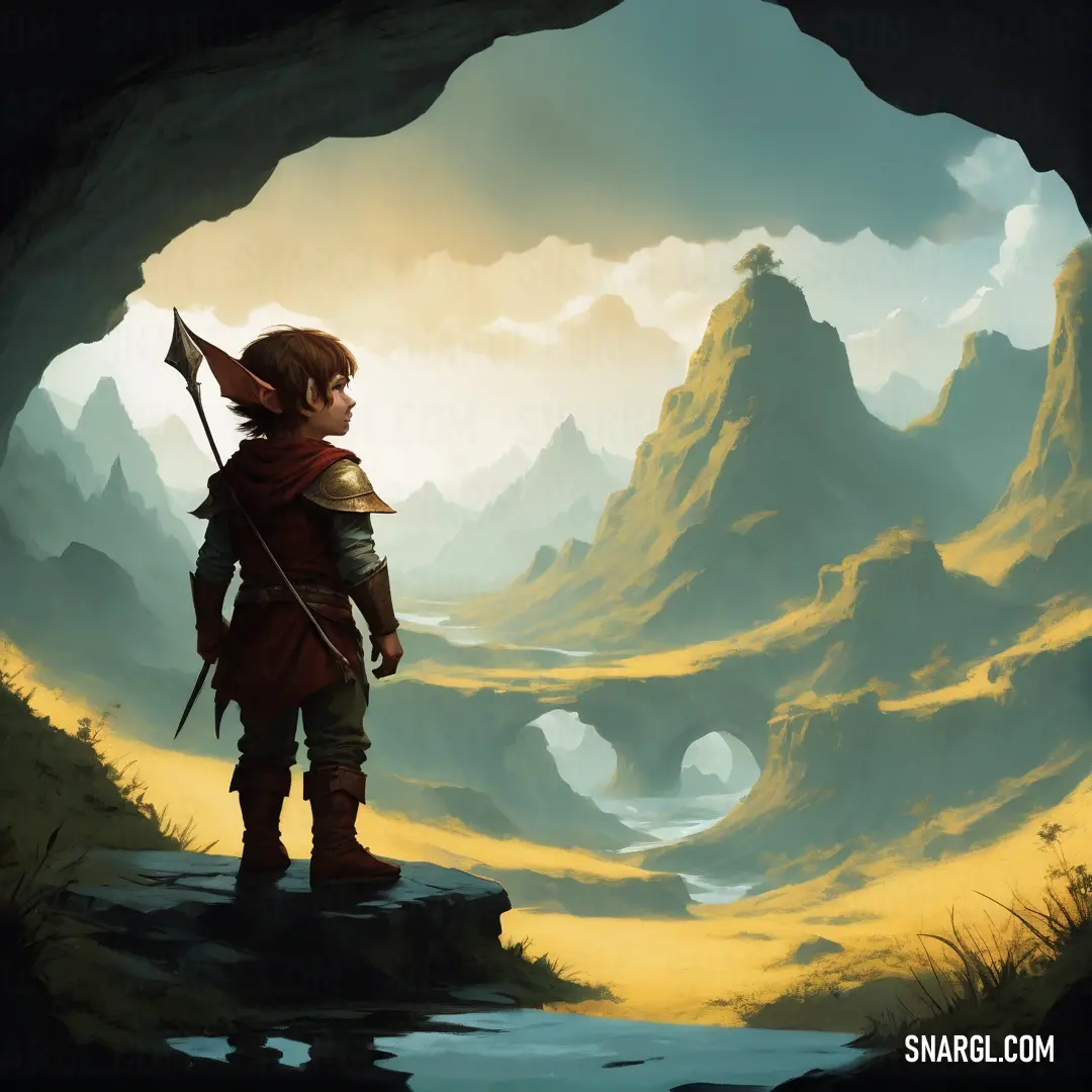 Halfling standing in a cave holding a flag and a bow in his hand, with mountains in the background