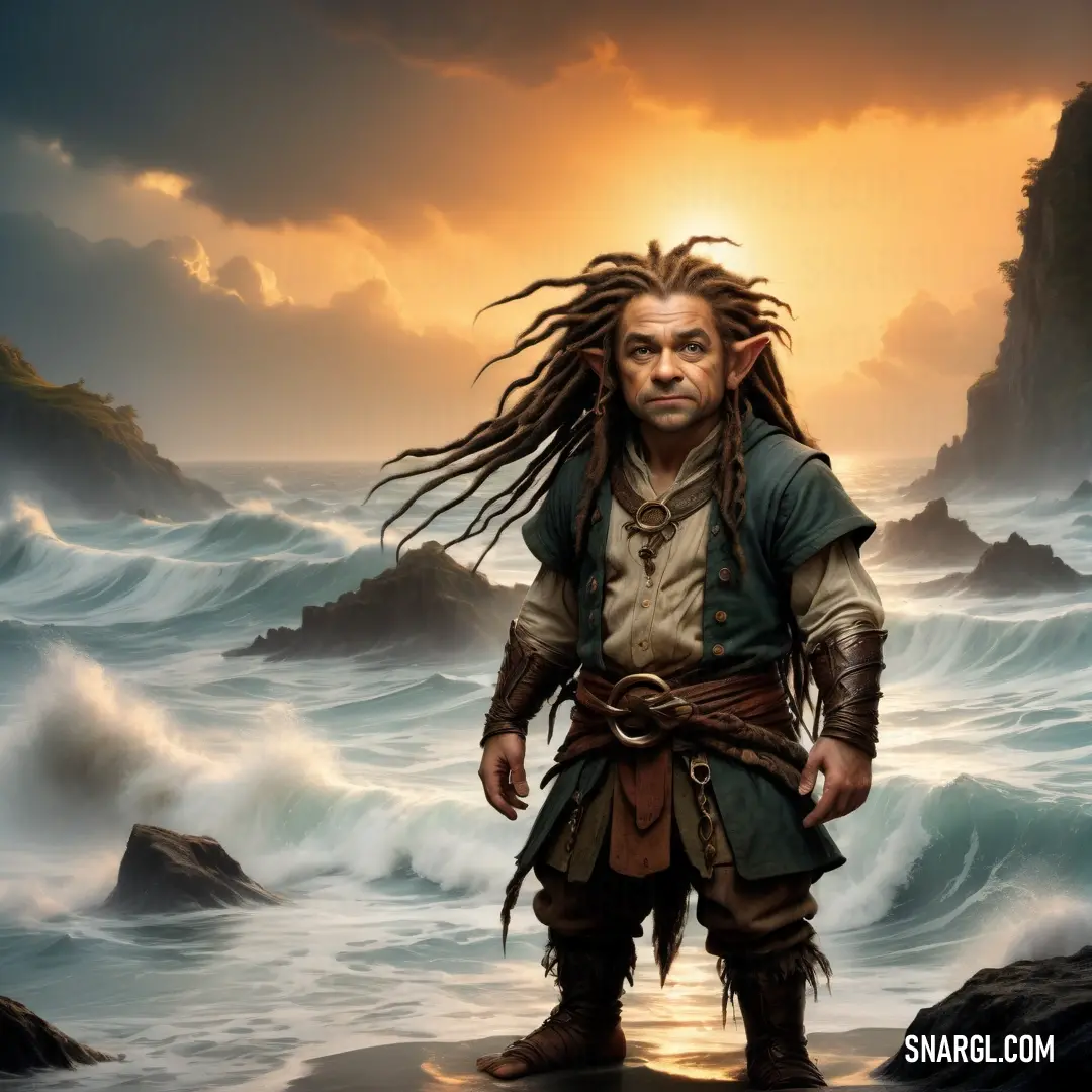 Halfling with dreadlocks standing in the ocean with waves behind him and a sunset in the background