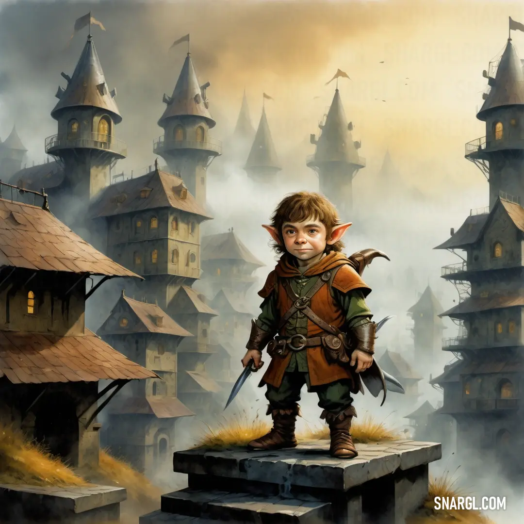 Painting of a boy in a costume standing on a platform in front of a castle with a Halfling on it