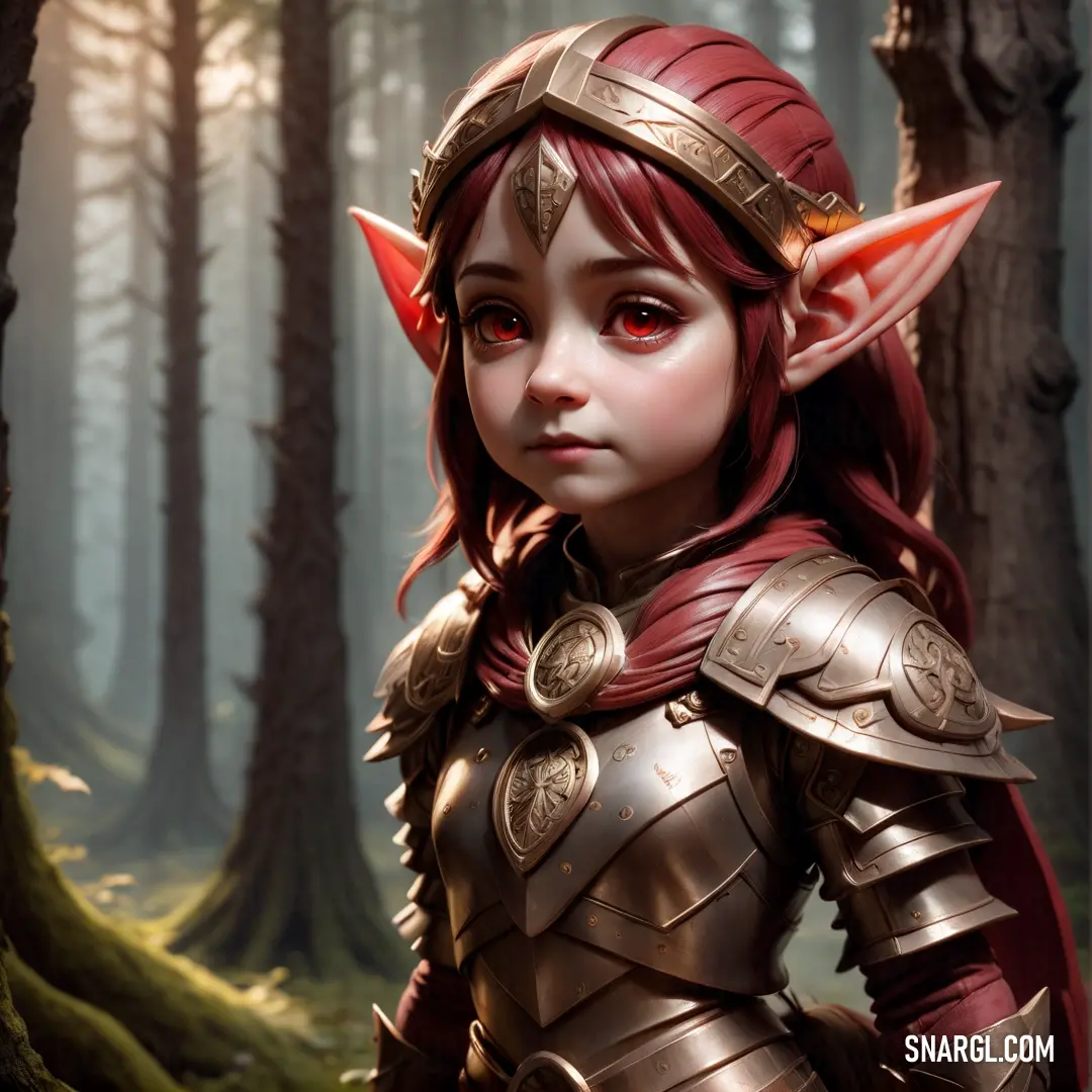Painting of a elf in a forest with trees in the background and a red - haired girl in a costume