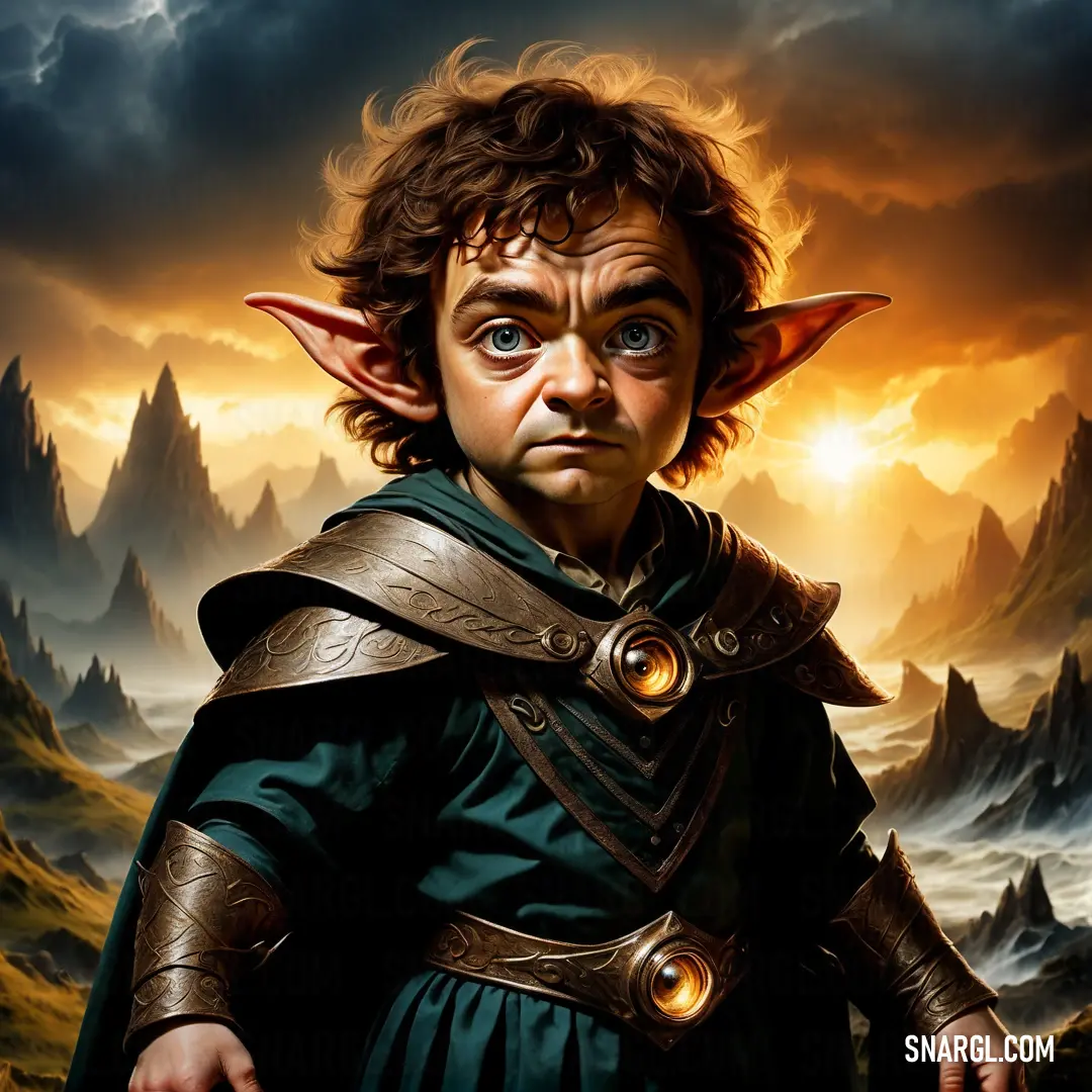 Painting of a male Halfling in a green dress with a horned head and a green cape on his shoulders