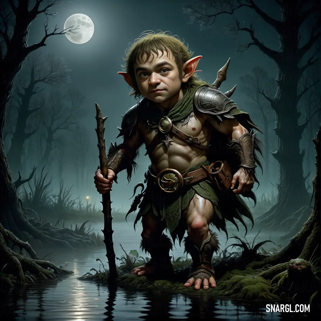 Painting of a troll with a spear in a forest by a lake at night with a full moon